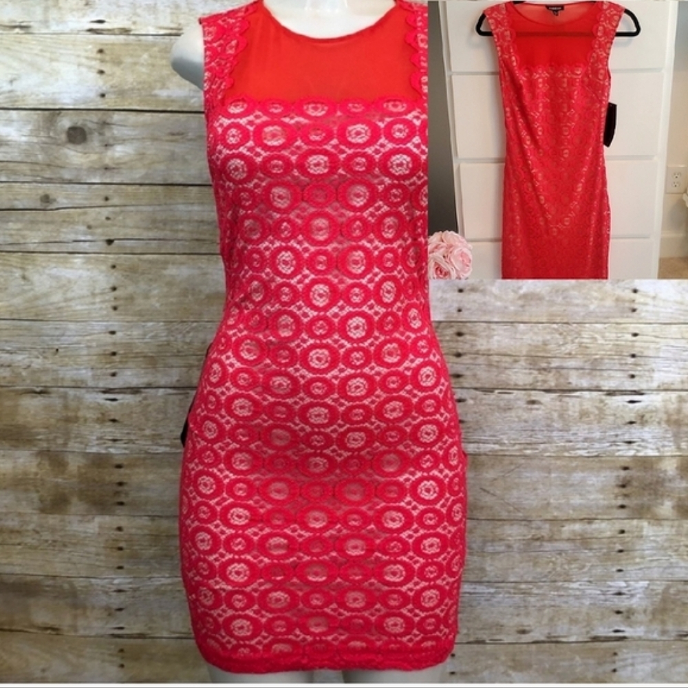 NWT bebe Red Sheer Lace Mesh Bodycon Dress